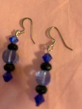 Blue and Black Beaded Dangle Earrings - Unbranded
